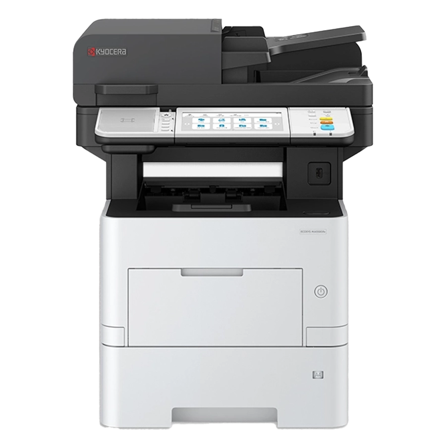 A large, white Best Kyocera ECOSYS printer, model MA5500ifx, with a black scanner and a control panel with both a touchscreen and physical buttons. The printer is shown from a three-quarter view.